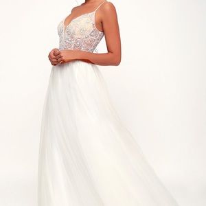 CAPRICE WHITE BEADED RHINESTONE LACE-UP MAXI DRESS